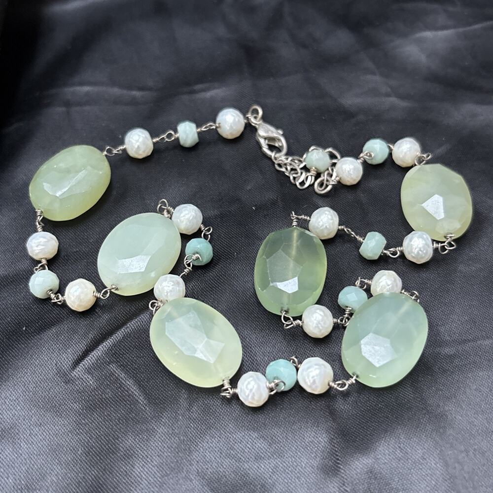Sterling Silver Jadeite & Cultured Pearls Station Necklace Faceted Beads
